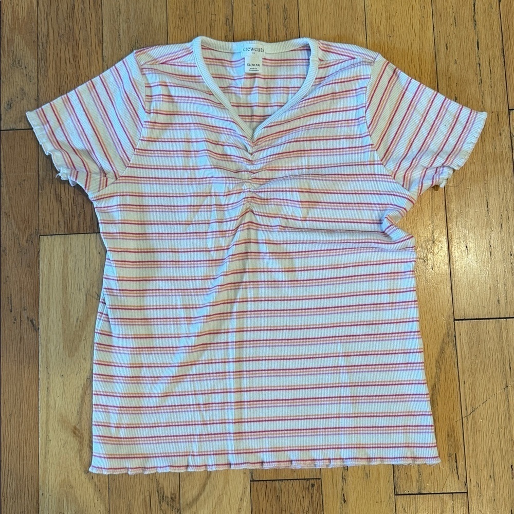 Crewcuts | striped ruffle hem tee | pink/orange/white | size 12/14